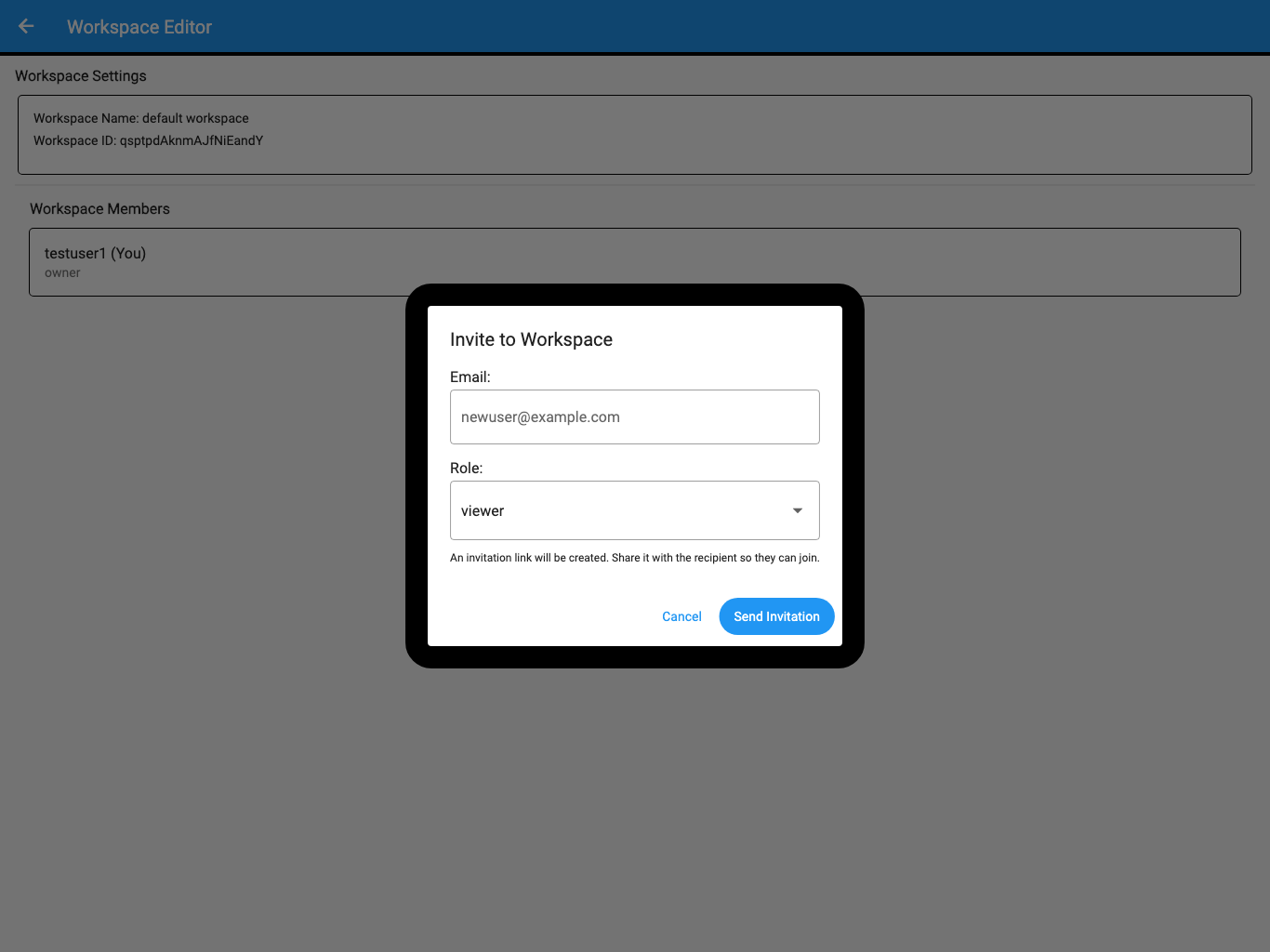 Invite to Workspace dialog with Email, Role, and Send Invitation controls.