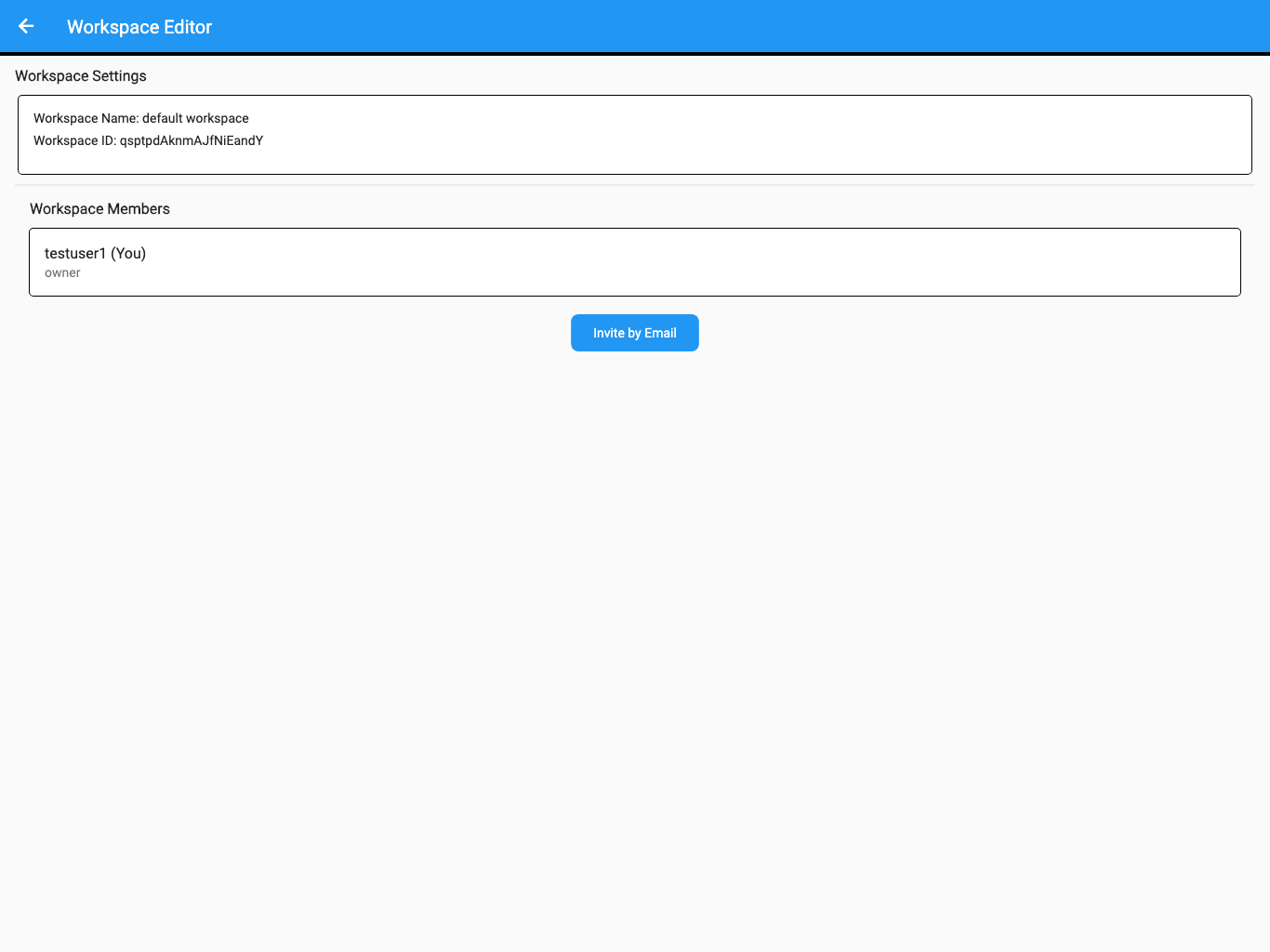 Workspace Editor showing the selected Workspace identity, member list, and Invite by Email button.