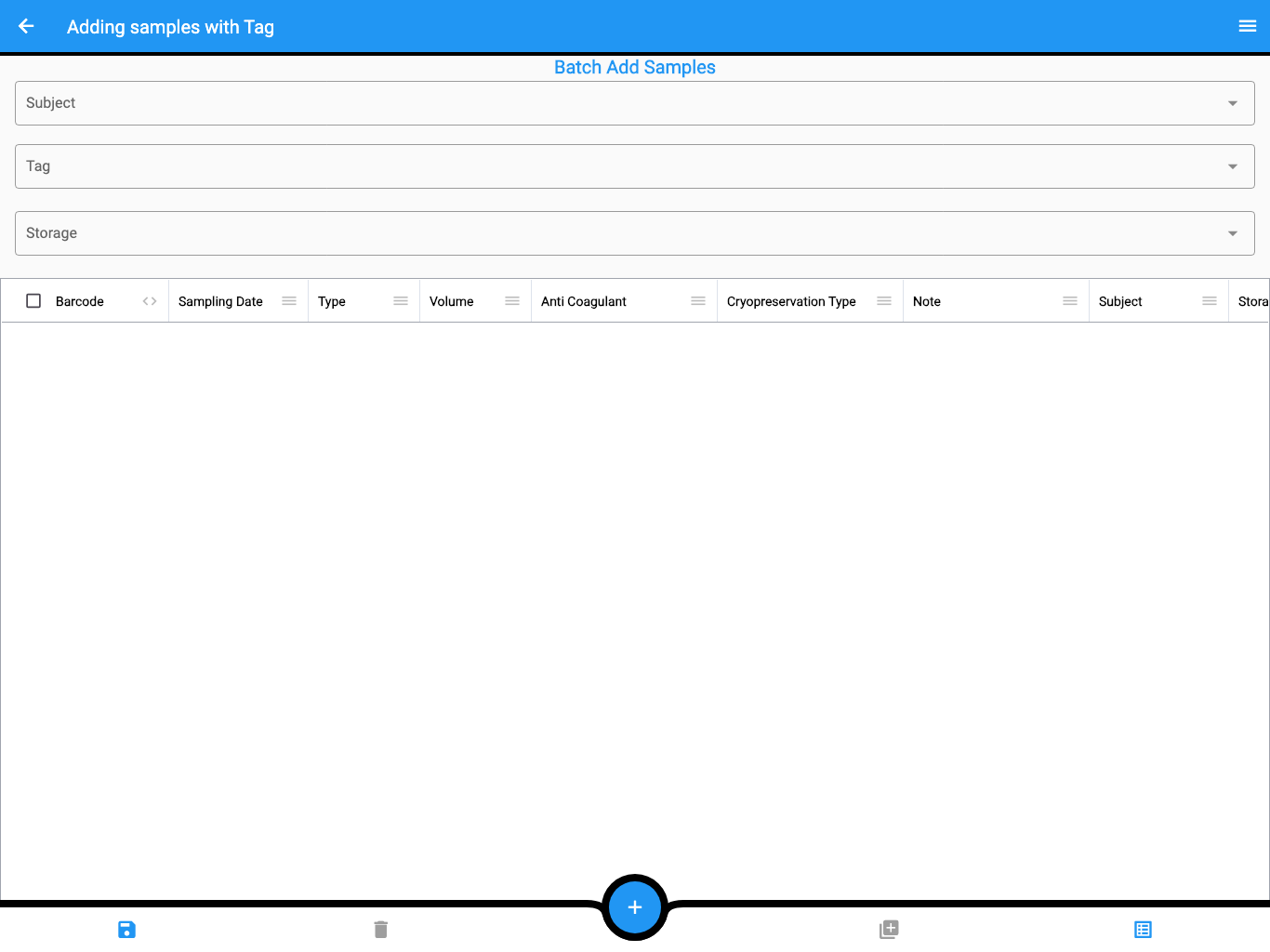 Culsma PAWS Batch Add Samples screen showing shared selectors and sample columns.