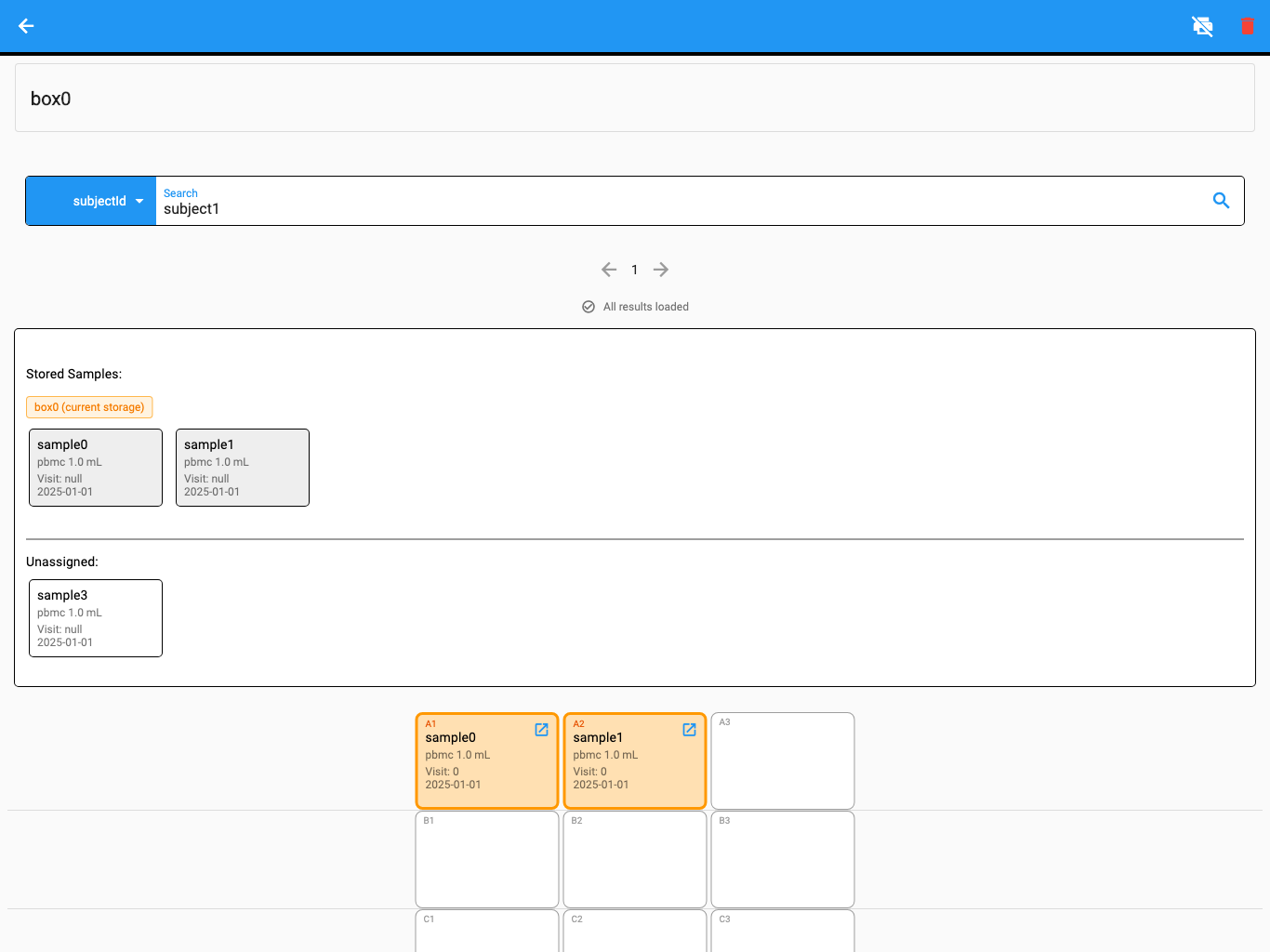 Culsma PAWS portable-storage editor showing stored samples, an unassigned sample, and box positions.