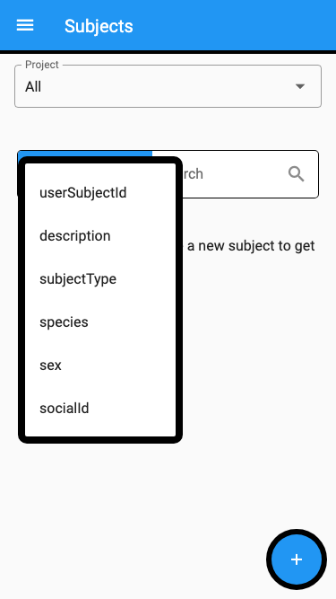 Subjects search-field menu with socialId available on an authorized device.