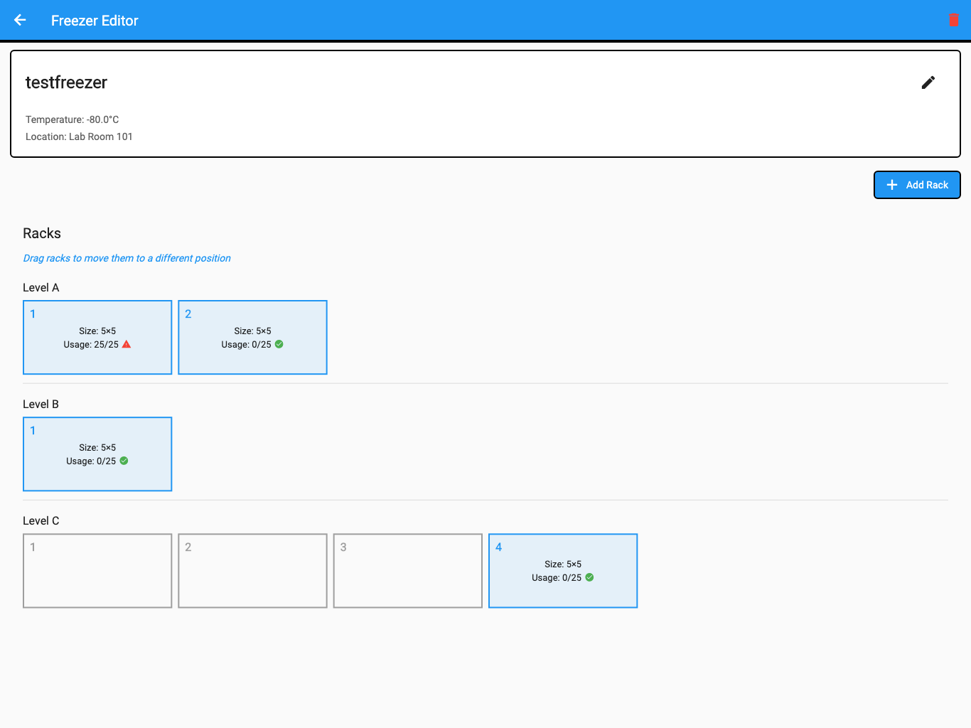 Culsma PAWS Freezer Editor showing freezer details, rack levels, rack dimensions, and usage.