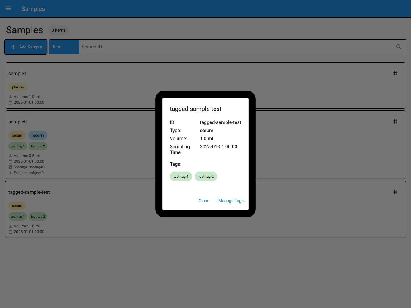 Culsma PAWS sample details dialog showing sample identity, type, volume, sampling time, and tags.