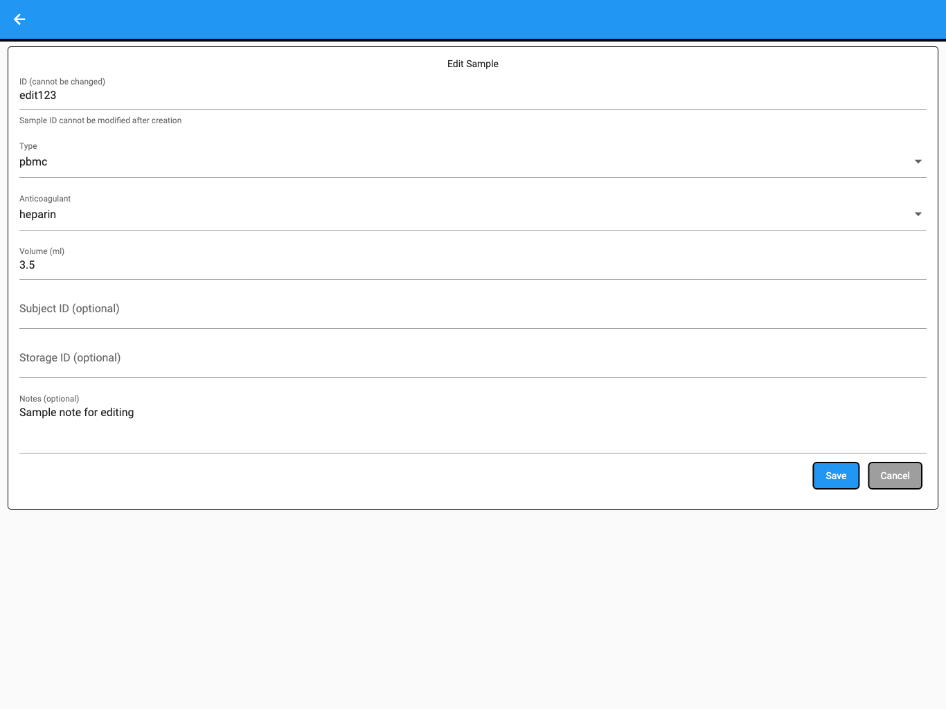 Culsma PAWS Edit Sample form showing the immutable sample ID and editable sample fields.