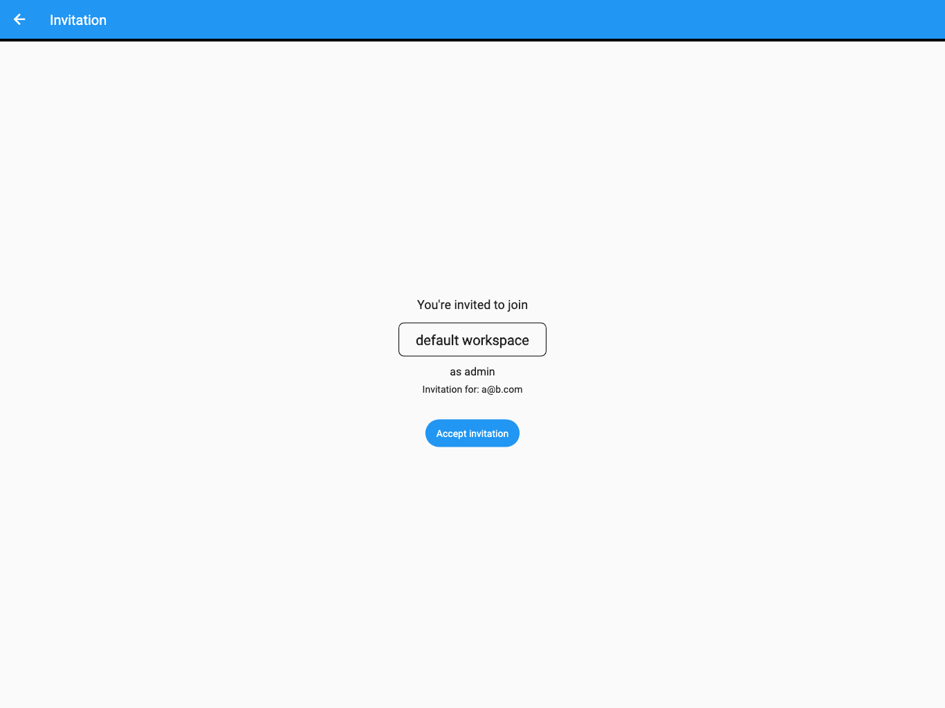 Workspace invitation showing the workspace, role, invited email, and Accept invitation button.