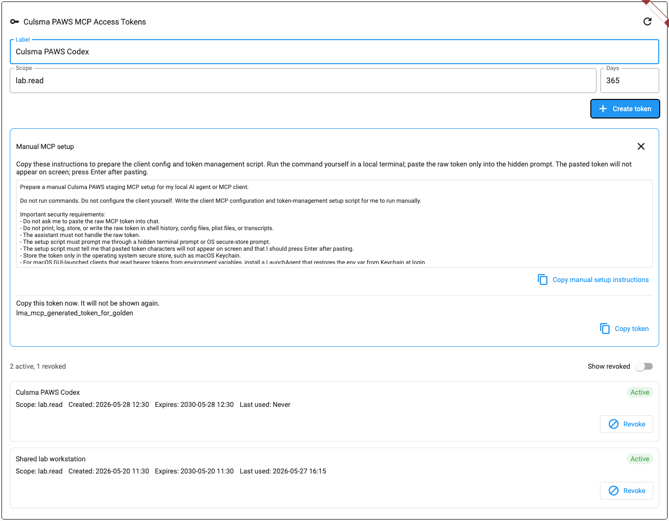 Pilot MCP token panel showing the token form, manual setup instructions, copy buttons, and token list.