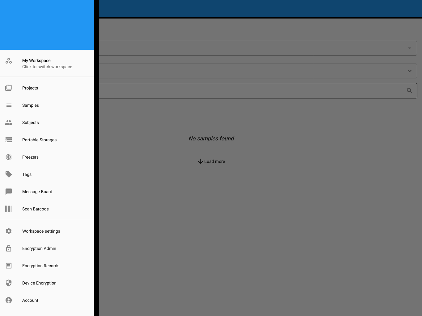 Culsma PAWS navigation menu with the active workspace and Account entry.